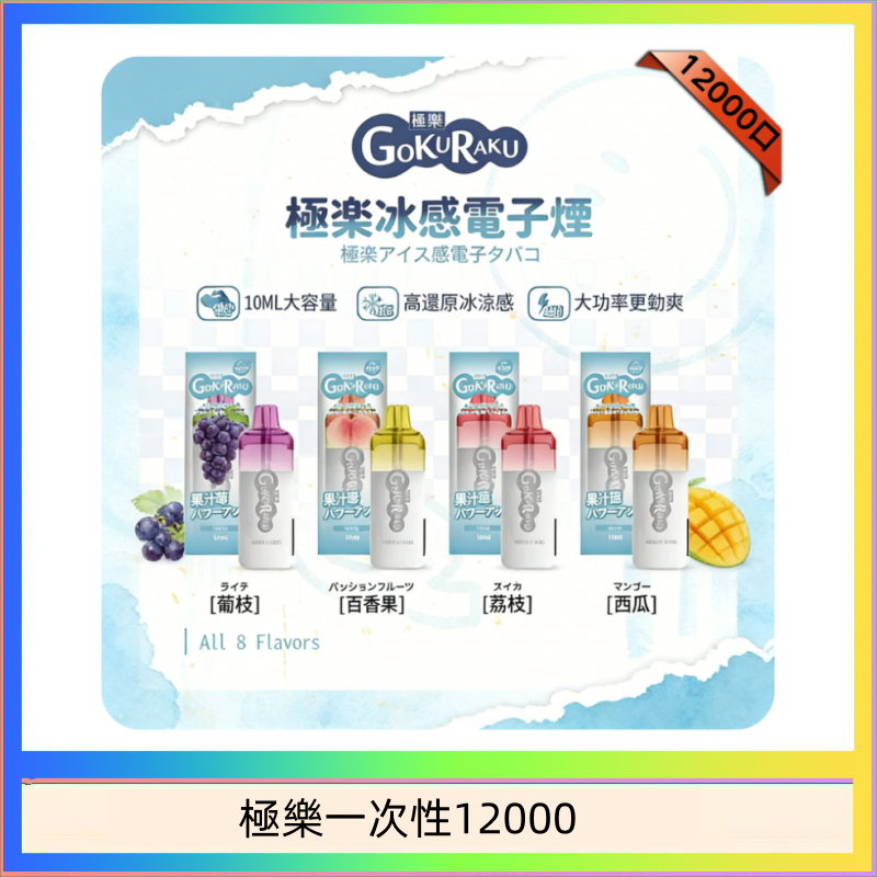 【8種口味】極楽 12000口一次性電子煙|超大容量 |口感絲滑|新品